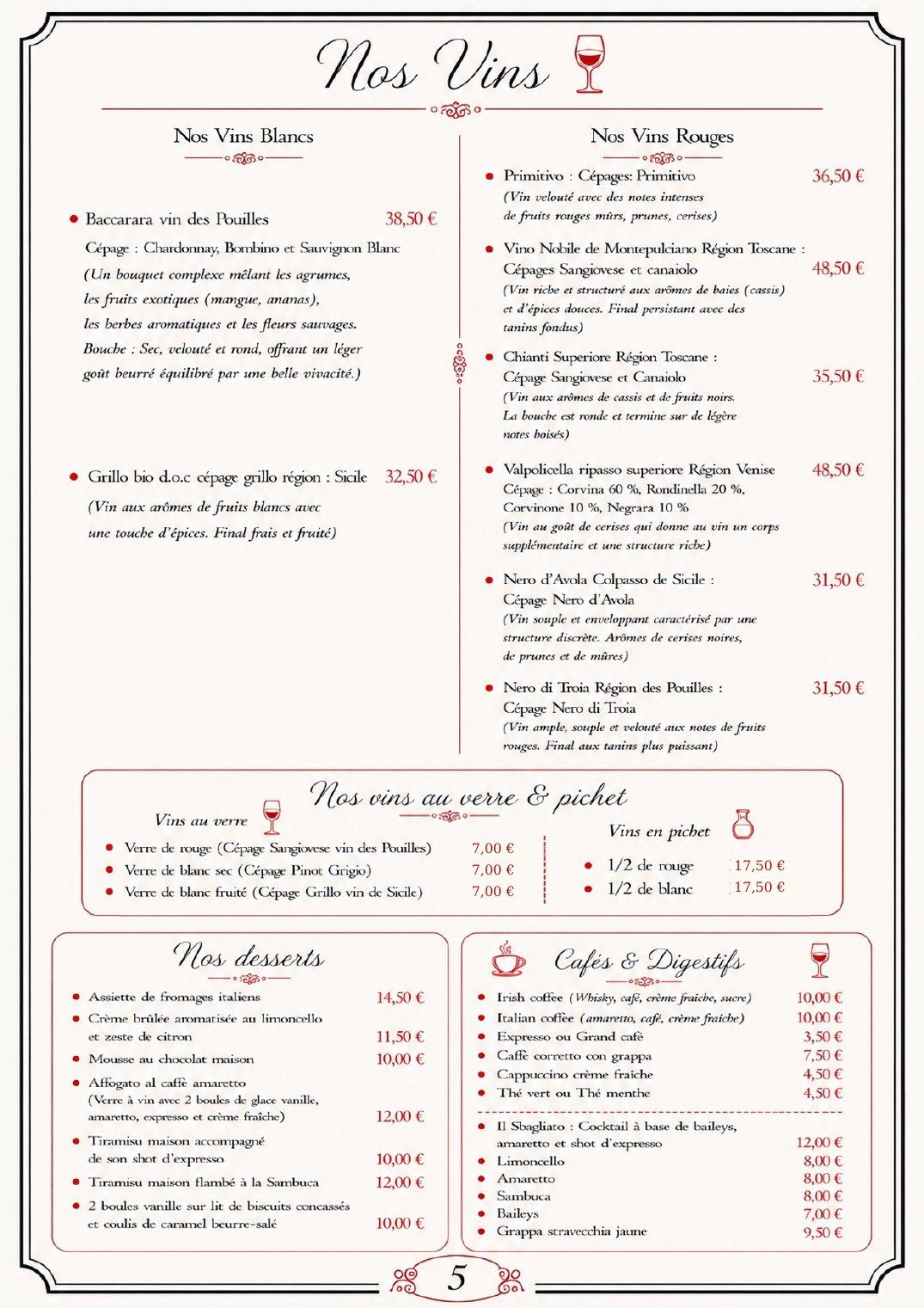 Vins, desserts, cafés et digestifs
